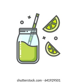 Lime Smoothie In The Mason Jar Outline Flat Icon.