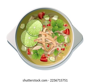 Sopa de limón con pollo, aguacate, tomate, tortilla con fondo blanco. Cocina tradicional mexicana. Platos deliciosos y apetitosos.