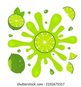 Lime. Zumo de salpicaduras. Beba gotas. Estilo plano. Ilustración del vector 