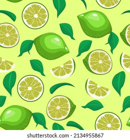 Lime - Summer fruit seamless pattern with lime, half and leaf. Sweet tropical background for textile, fabric, decorative paper. Vector illustration