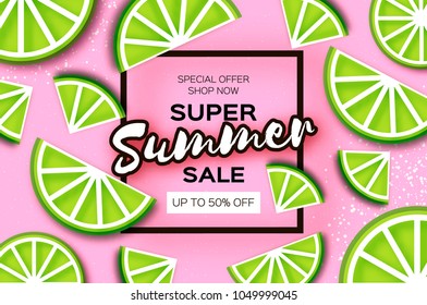 Lime Super Summer Sale Banner in paper cut style. Origami juicy ripe lime citrus slices. Healthy food on pink. Square frame for text. Summertime.