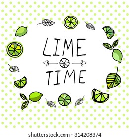 Lime time hand drawn pattern on a polka dat background