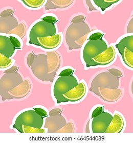 Lime with transparency. lime same sizes sticker pink background. Pattern with lime and leaves and slices.