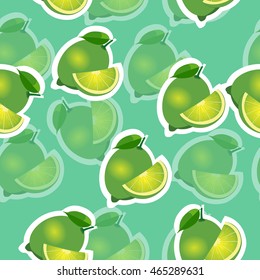 Lime with transparency. lime same sizes sticker turquoise background. Pattern with lime and leaves and slices.