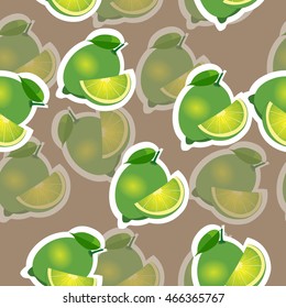 Lime with transparency. lime same sizes sticker brown background. Pattern with lime and leaves and slices.
