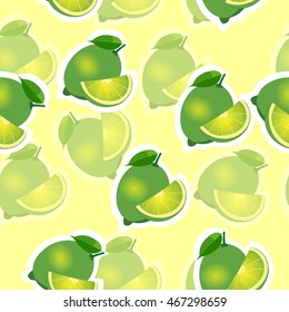 Lime with transparency. lime same sizes sticker yellow background. Pattern with lime and leaves and slices.