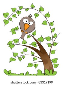Lime tree with funny bird sitting on the branch - vector illustration