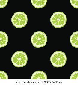 Lime vector pattern, citrus on black background, seamless illustration.