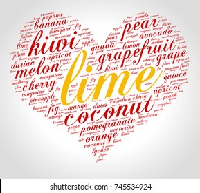 Lime. Word cloud in shape of heart, italic font, grey gradient background. Fruit.