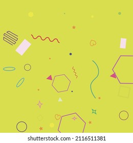 Lime Yellow Blue Polygonal Simple Multicolor Orange Illustration. Circle Violet Wave Oval Ring Zigzag Geometrical Design. Bright Colorful Red Hearts Rectangle Green Stars Hipster Background.