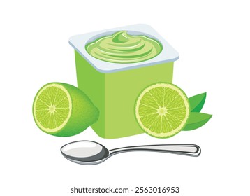 Lime yogurt in a plastic cup and spoon vector illustration. Lime yogurt plastic cup icon vector isolated on a white background. Citrus fruit yoghurt and fresh limes drawing