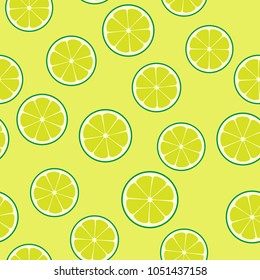 Limeade Lime Seamless Vector Pattern Tile. Green Halves Round Slices Randomly Arranged on Yellow-Green Background. Lemonade Stand Summer Picnic Party Decor. Food Packaging Design. Swatch Included.