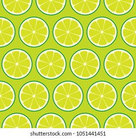 Limeade Lime Seamless Vector Pattern Tile. Green Limes Cut in Half into Round Slices Arranged on Yellow-Green Background. Lemonade Stand Summer Party Decoration. Food Packaging Design. Swatch Included