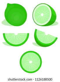 Lime,citrus set. Modern flat cartoons style vector illustration icons. Isolated on white background. Ripe fresh cut in half. Lime slice, half cut lime and front view of cut ripe lime. Citrus fruit.