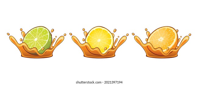 Lime,lemon,orange with honey splashes isolated on white background.