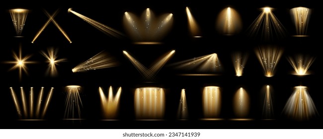 Limelight and spotlight for stage or scene, realistic illustration collection. Isolated golden illumination with dust effect. Brightness and highlight, sparkling and glowing show beam