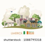 Limerick city. Ireland vector illustration with landmarks and irish castle. Colorful travel template.