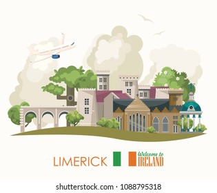 Limerick city. Ireland vector illustration with landmarks and irish castle. Colorful travel template.