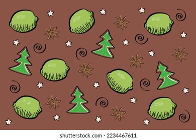 Limes and Christmas trees on brown background. Pattern for desig