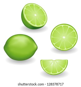 Limes, four views: whole, half, slice, wedge. Fresh, natural fruit. Graphic illustrations isolated on white background. EPS8 compatible.  
