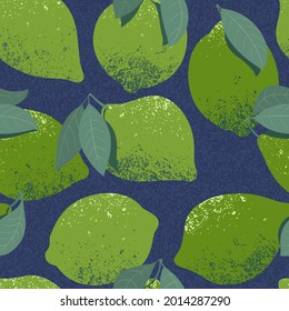 Limes with leaves. Lime tree with fruit branches and leaves. On a dark blue background. Citrus fruits. 
 Seamless background