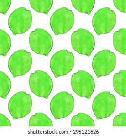 Limes or lemons. Seamless pattern with fruits. Hand-drawn background. Vector illustration. Real watercolor drawing.