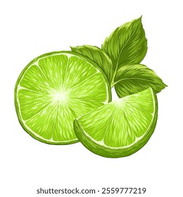 Limes, mint composition vector illustration. Mojito bundle. Whole and cut lime slice, peppermint leaves. Organic fruits for lemonade juice, cocktails, healthy food. Hand drawn print on white