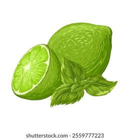 Limes, mint composition vector illustration. Mojito bundle. Whole and cut lime slice, peppermint leaves. Organic fruits for lemonade juice, cocktails, healthy food. Hand drawn print on white