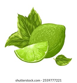 Limes, mint composition vector illustrations. Realistic tropical fruit. Mojito bundle. Whole and cutted lime slice, peppermint leaves. Organic fruits for lemonade juice, cocktails, healthy food