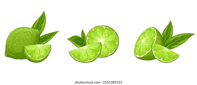 Limes, mint compositions vector illustrations set. Realistic tropical fruit. Mojito bundle. Whole and cut lime, peppermint leaves. Organic fruits for lemonade juice, cocktails, healthy food.