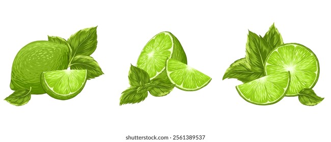 Limes, mint compositions vector illustrations set. Realistic tropical fruit. Mojito bundle. Whole and cut lime, peppermint leaves. Organic fruits for lemonade juice, cocktails, healthy food.