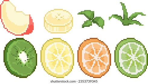 Limes, oranges, lemons, kiwis, leaves, mint leaves,bananas,apples,art,decorations ,cake decorations ,fruit ,cute decorations ,Cute,berries,colorful ,pastel,pixel,vegetables,appetizing ,vector ,cartoon