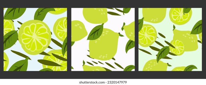 Limes. Set of seamless patterns in flat style hand drawn illustration. Fruit pattern. Vector collection for design, print, fabric, wallpaper, paper, etc.