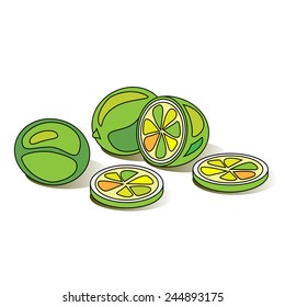 Limes with slice of limes on white background