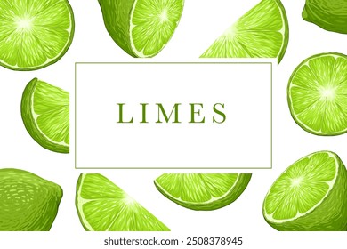 Limes vector card. Citrus fruit sticker design. Chopped lime. Limes slices. Text box. Fruity pattern cover background. Label for food, drink, flavour packaging. Uncut elements. White background