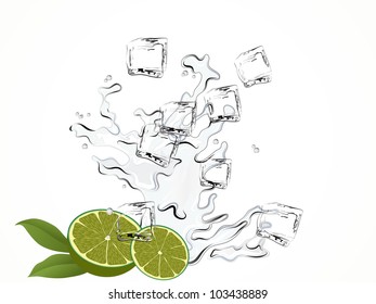 Limes and water splash with ice cubes