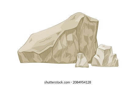 Limestone boulder and pieces. Big solid sedimentary rock formation. Rough camstone. Geology drawing of mountain ore. Realistic hand-drawn vector illustration isolated on white background