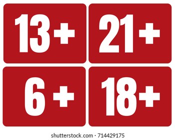 Limit age icon on red background. Icons age limit from six to twenty-one, vector flat illustration.