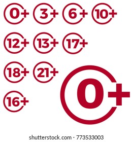 Limit age icon on red background. Icons age limit vector flat illustration.