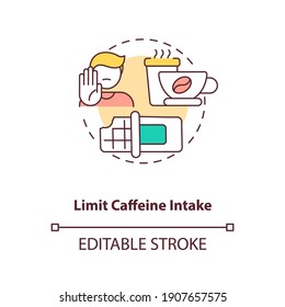 Icono de concepto de consumo de cafeína límite. dieta saludable para amamantar. Reducir la ingesta de café y té verde en la ilustración de línea delgada. Dibujo de color RGB con contorno aislado del vector. Trazo editable