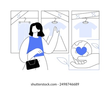 Limit consumption isolated cartoon vector illustrations. Woman turns away from showcase with clothes, responsible attitude, social activity, stop consumerism, minimal lifestyle vector cartoon.