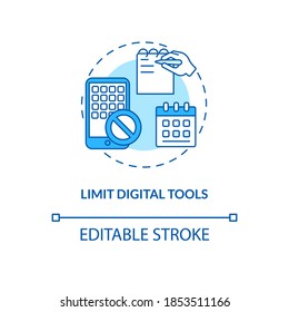 Limit digital tools concept icon. Smartphone dependence reducing idea thin line illustration. Digital detox. Beating internet addiction. Vector isolated outline RGB color drawing. Editable stroke