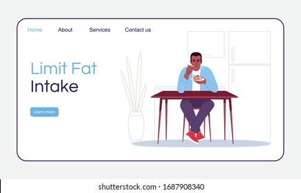 Limit fat intake landing page vector template. Healthy nutrition website interface idea with flat illustrations. Homepage layout. Obesity prevention tips cartoon web banner, webpage