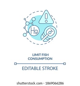 Icono de concepto de consumo de pescado límite. dieta saludable para amamantar. Reducir las comidas insalubres. Ingredientes de mala comida idea ilustración de línea delgada. Dibujo de color RGB con contorno aislado del vector. Trazo editable