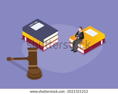 Limit laws vector concept: Young man sitting with book about limit laws near the gavel