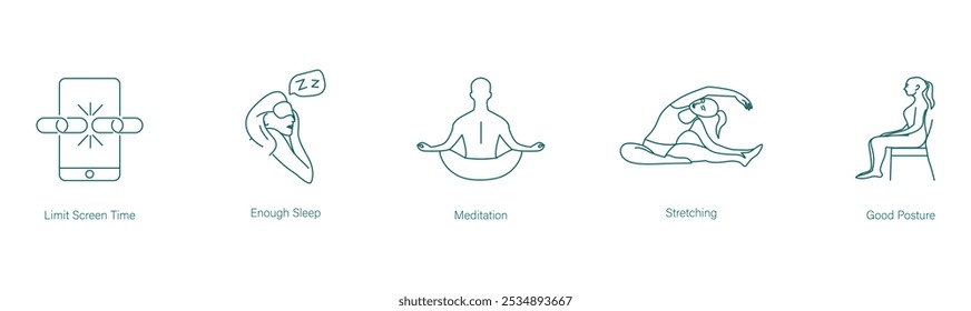 Limitar o tempo da tela, dormir o suficiente, meditação, alongamento, bom conjunto de ícones de vetor de postura