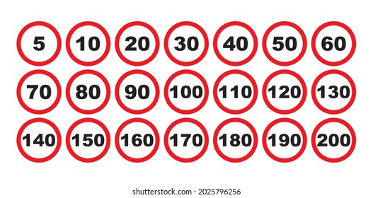 Limit speed sign for car. Set of road sign with restriction of speed of 5, 10, 20, 30, 40, 50, 60, 70, 80, 90, 100, 110, 120, 130,  140, 150, 160, 170, 180, 190, 200 km. Vector icons.