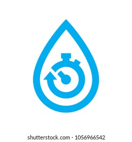 Limit water use icon. Blue stopwatch in water drop symbol isolated on white background. Vector illustration.
