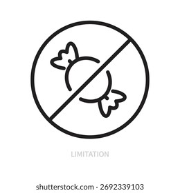 Begrenzungsliniensymbol Keine Süßigkeiten, kein süßes Symbol. Warnzeichen. Gesundes Essen, Lifestyle-Konzept. Einzeln auf weißem Hintergrund. Bearbeitbarer Strich. Flaches Design. Vektorgrafik.