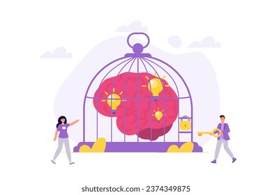 Limitation of thinking, brain in prison, mind closed to new ideas concept. Flat Vector illustrations for banner, website, landing page, flyer.
